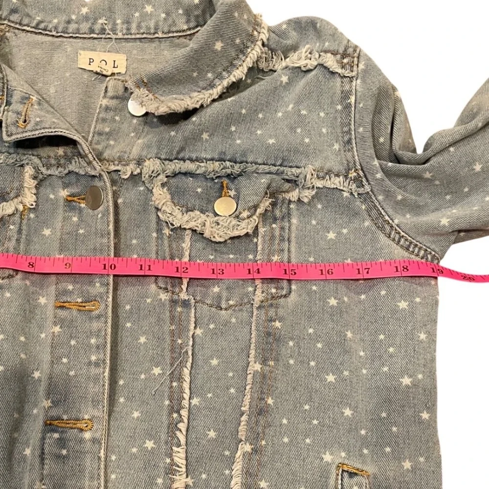 POL Oversized Light Wash‎ Denim Jacket Stars Distressed Frayed Collar S Festival